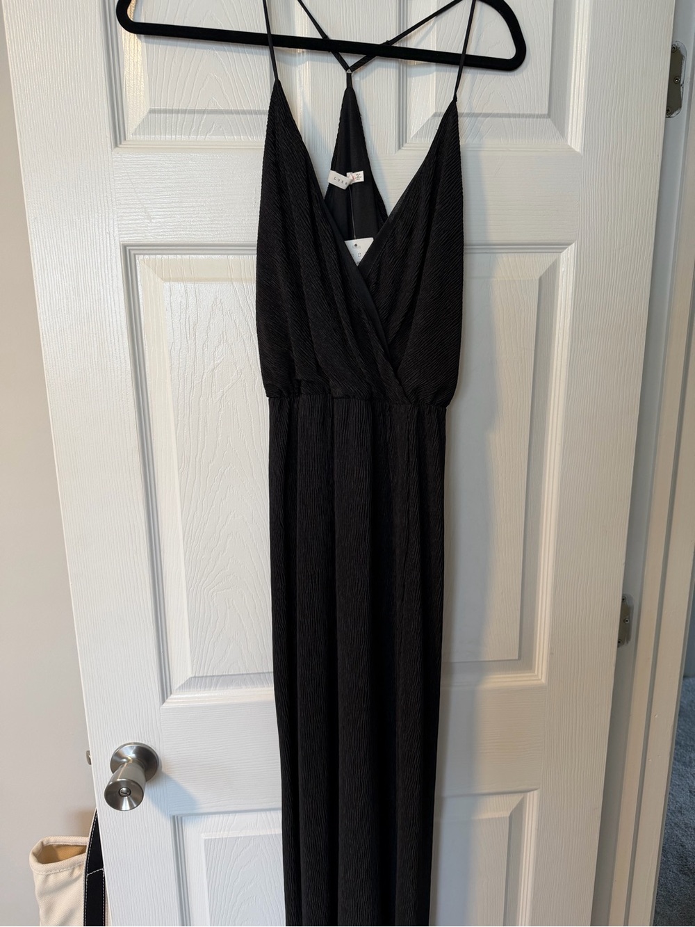 Lush Black Textured Midi Dress with V-Neck and Spaghetti Straps